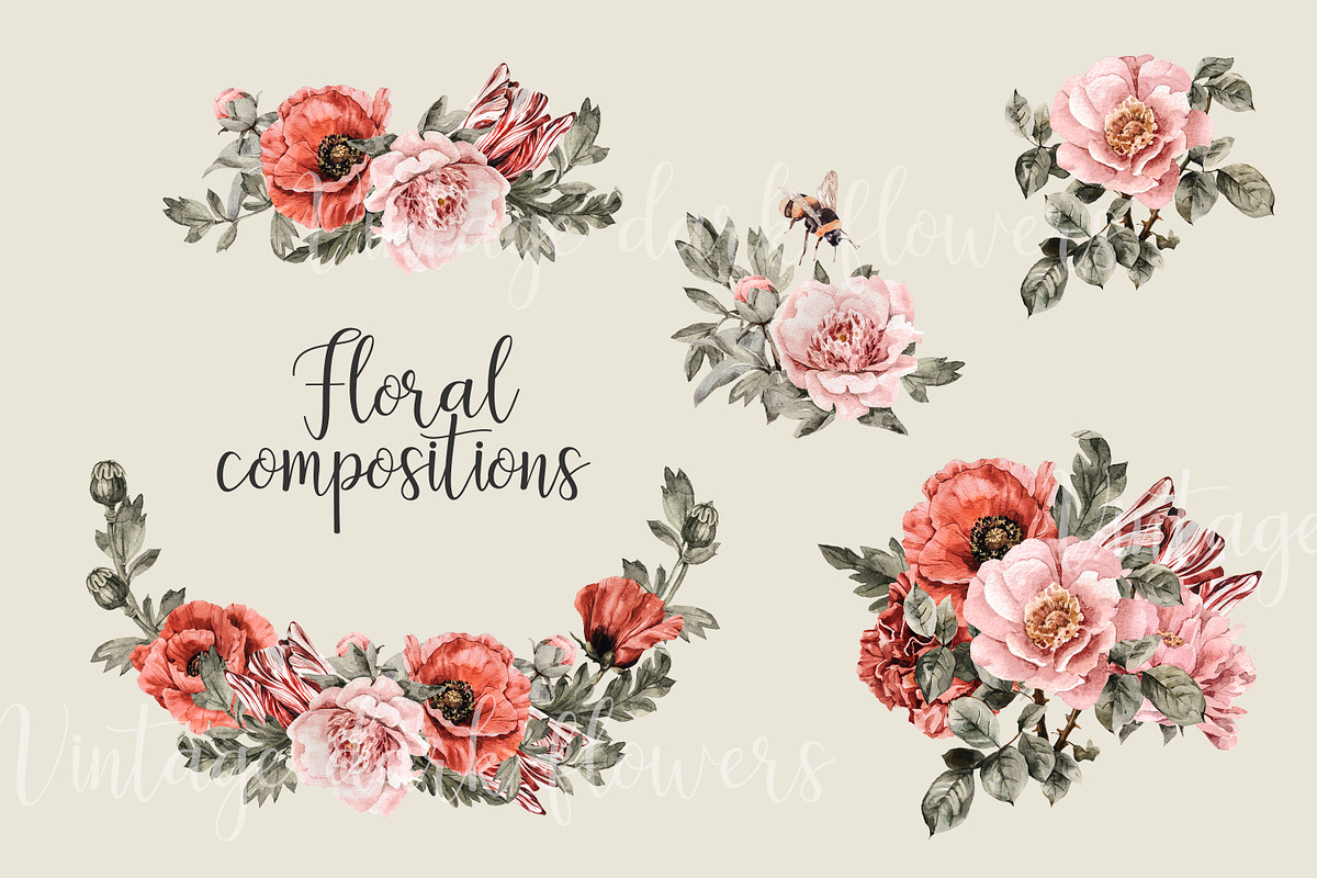 Dark vintage flowers and bees set, an Illustration by Alamella (Photo 7 of 9)