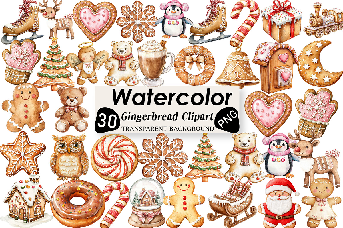 Watercolor Gingerbread Clipart, an Illustration by Black Bird Studio (Photo 1 of 6)