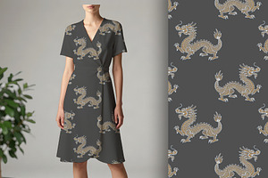 Gold Dragon on Grey Seamless Pattern