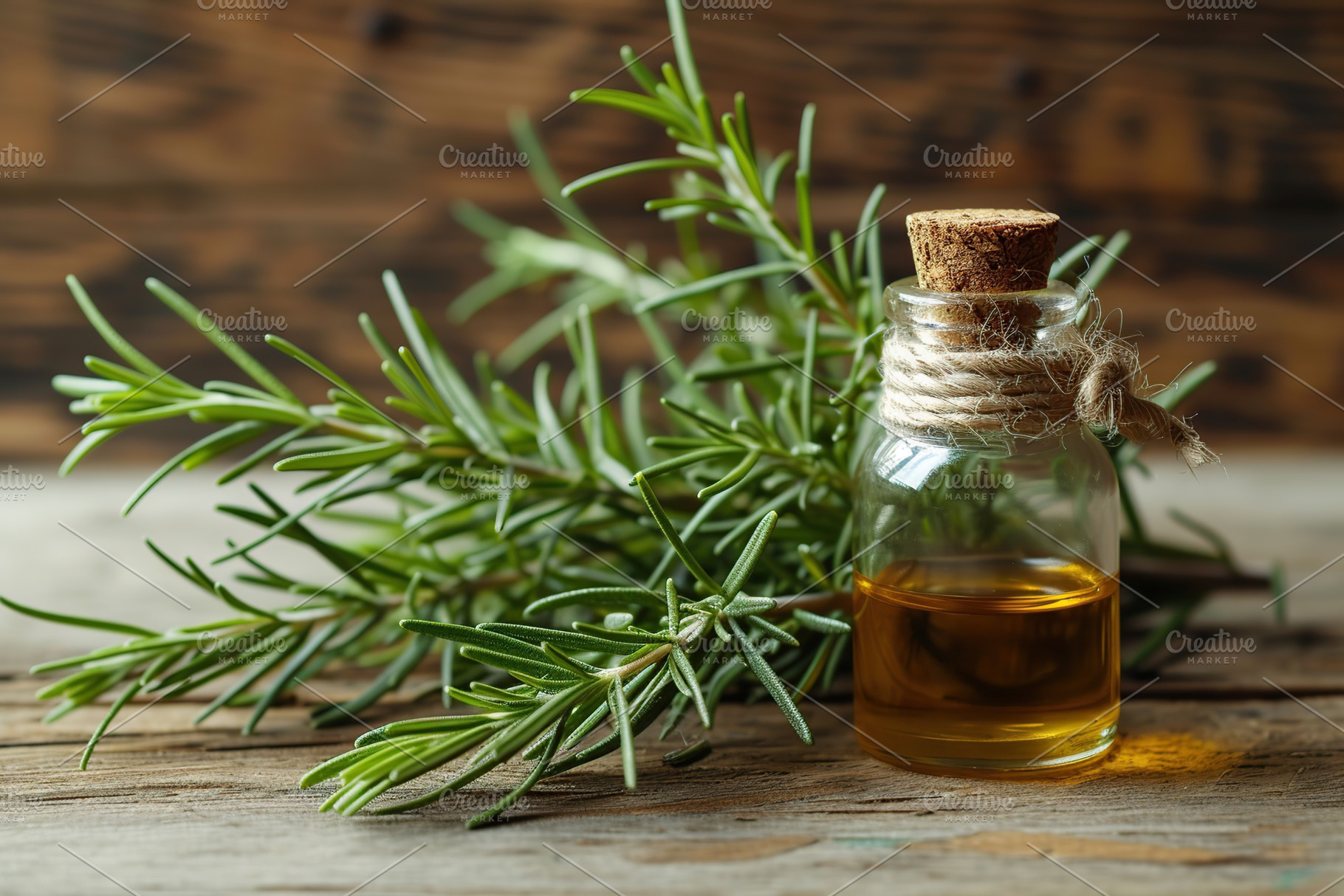 Rosemary essential oil and rosemary twigs on wooden background, a Food & Drink Photo by AlyaAnd
