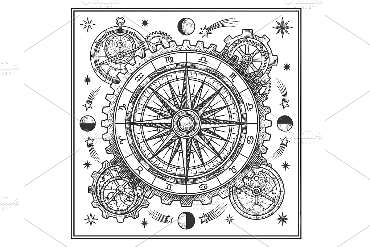 Zodiac compass with celestial gears, an Illustration by AlexArt