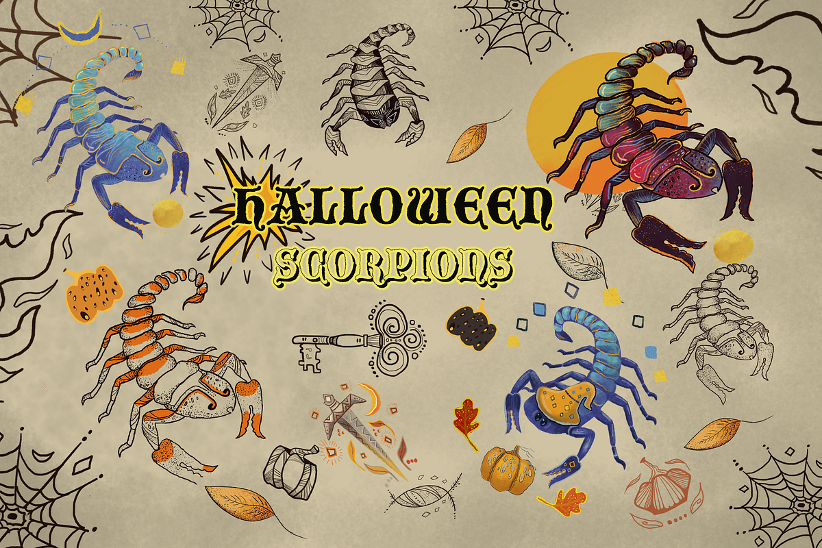 ELEGANT HALLOWEEN SCORPIONS CLIPART, an Illustration by FaliushViktoriaArtist (Photo 1 of 11)