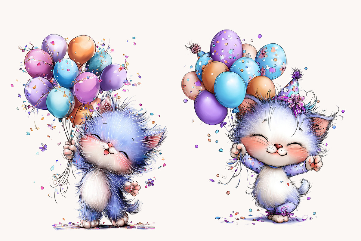 Whimsical Birthday cat Clipart, a Seasonal Illustration by Designworld (Photo 5 of 9)