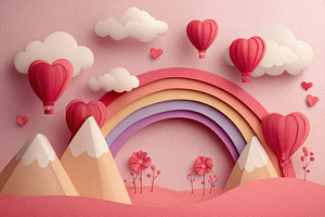 Heart balloons fly over rainbow moun, a Photo by Pixeness Studio