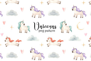 Watercolor Unicorns. Clipart Pattern