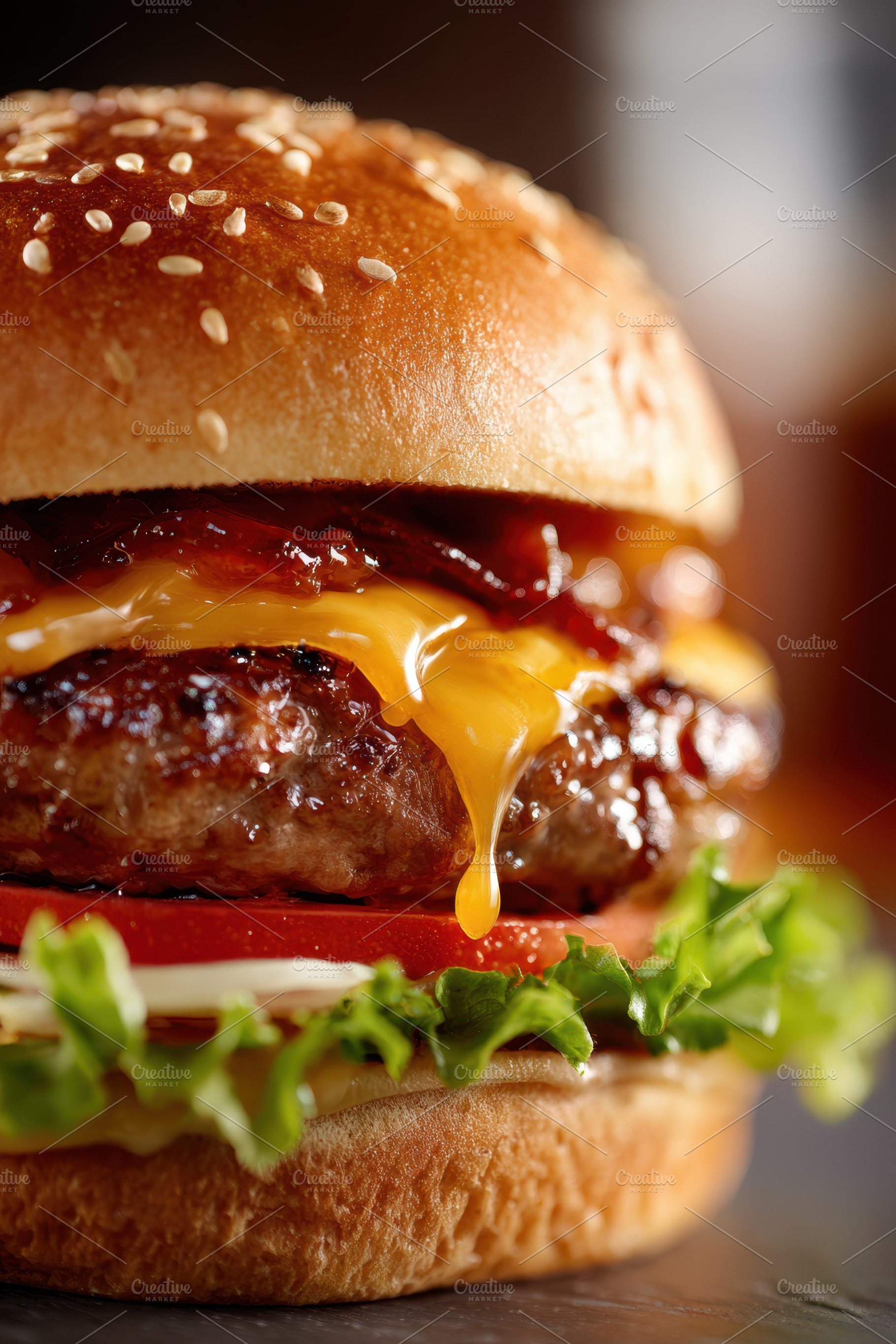 Delicious cheeseburger with melted cheese and fresh toppings, a Food & Drink Photo by AlyaAnd