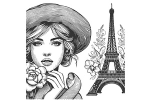 Woman in Hat with Eiffel Tower Paris, a Person Illustration by AlexArt