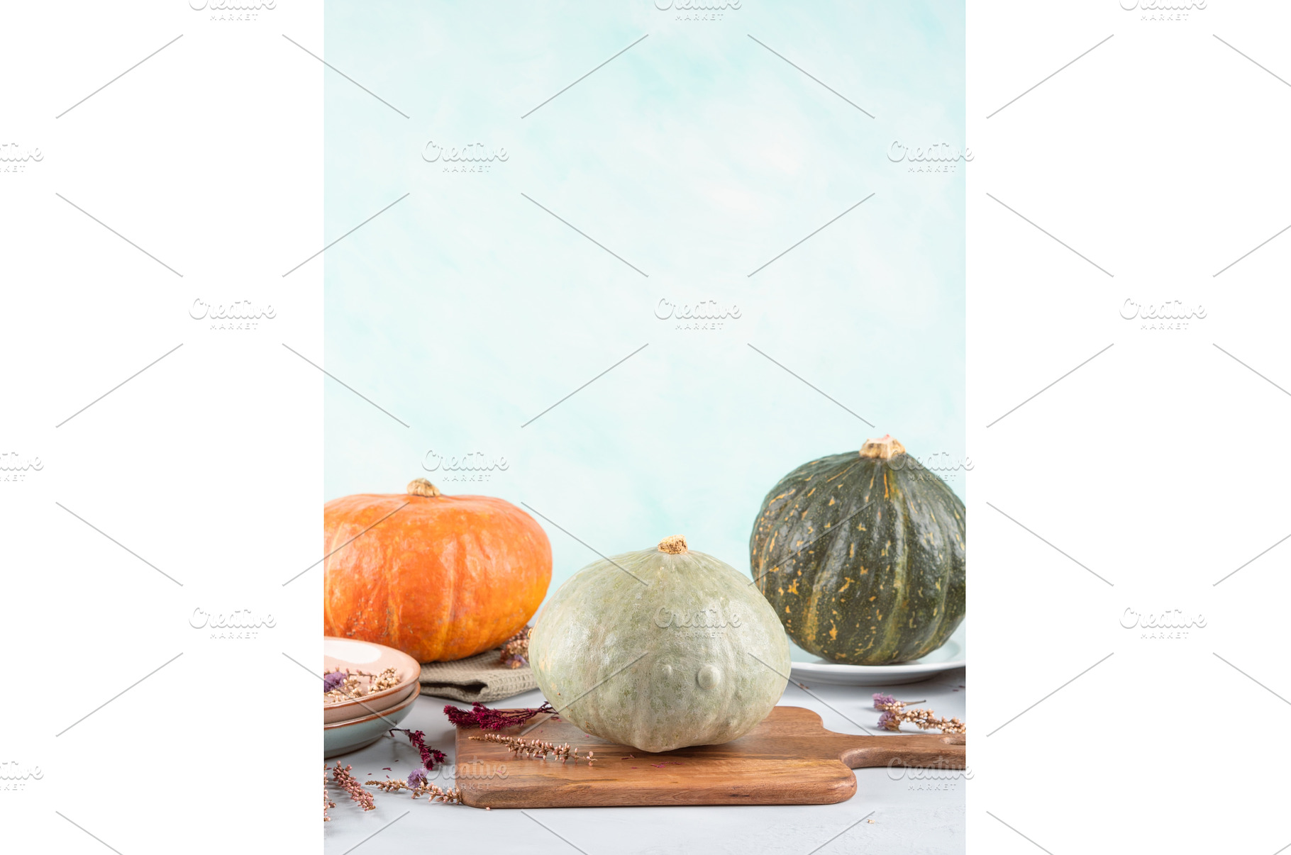 Three beautiful autumn pumpkins on, a Food & Drink Photo by Lifemorning