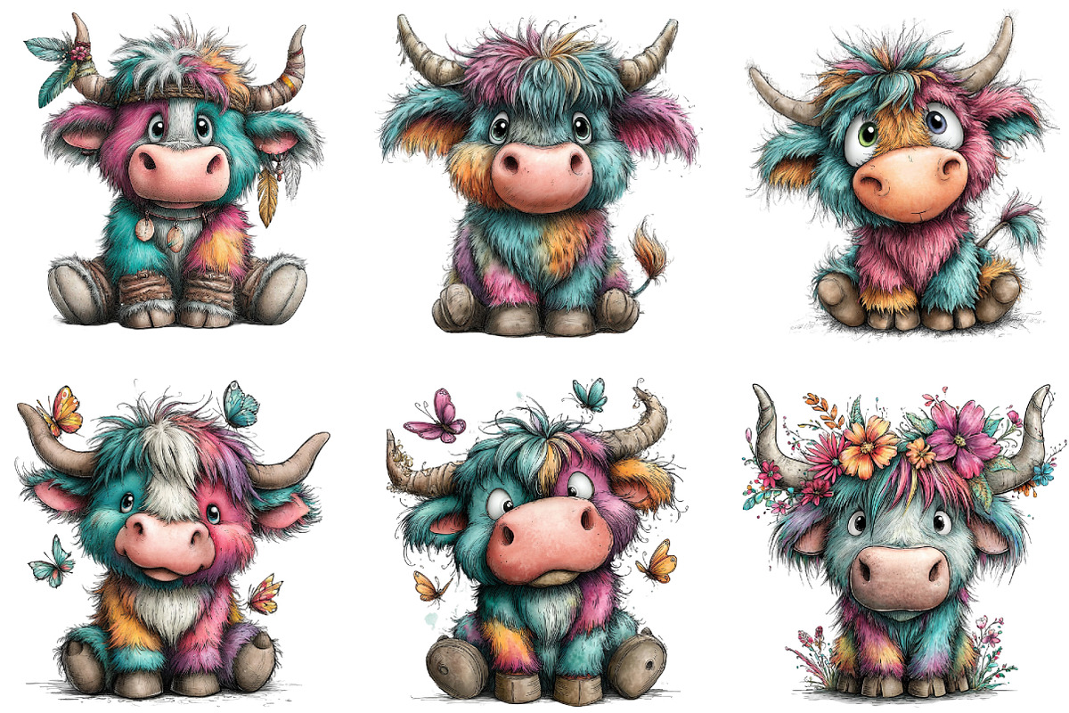 Colorful Highland Cow Clipart, an Illustration by CraftArtStudio (Photo 4 of 6)