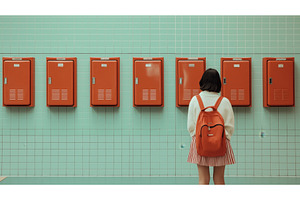 A young woman with a red backpack, a School & Education Photo by Sergey Kotenev