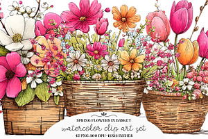 Spring Flowers In Basket Rustic Clip, an Illustration by GatewayDesign