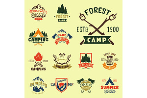 Set Of Vintage Woods Camp Badges And Travel Logo Hand Drawn Emblems Nature Mountain Camp Outdoor Vector Illustration.