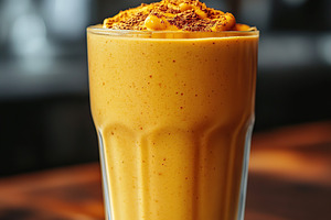 Healthy creamy detox drink served in glass on wooden table, a Food & Drink Photo by AlyaAnd