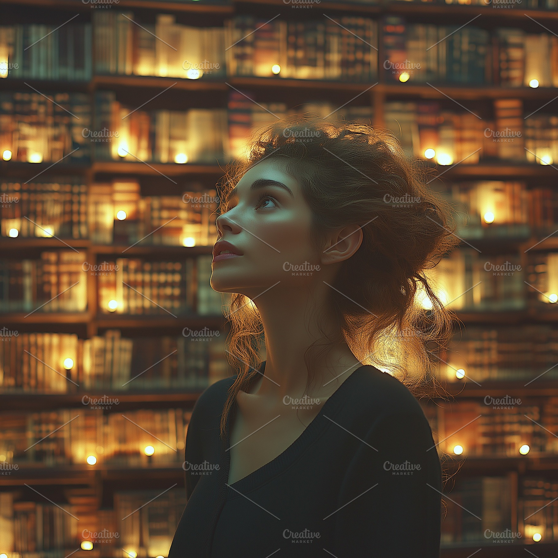 A thoughtful young woman gazes upward in a cozy, softly lit library filled with, a Person Photo by ImageMir
