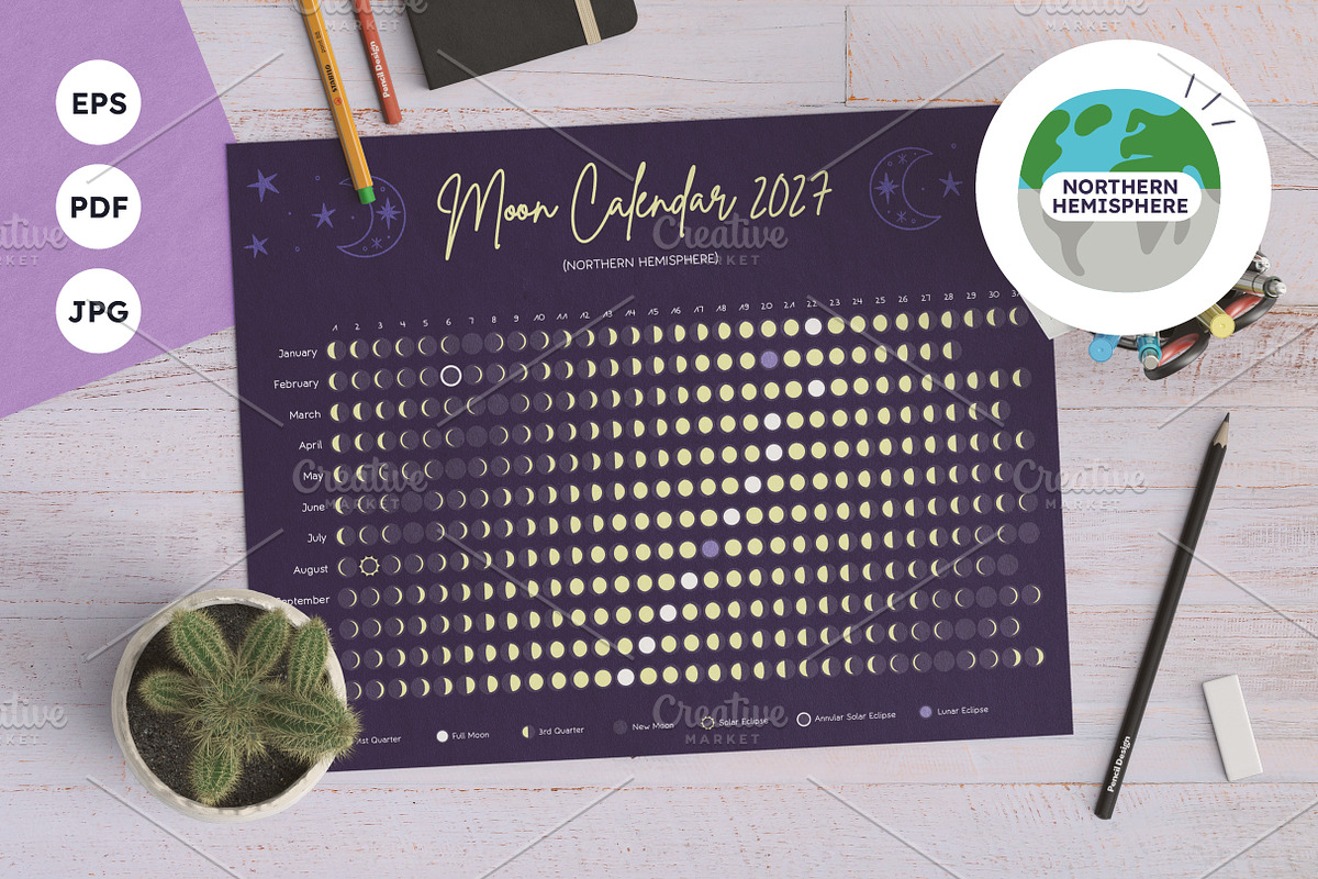 2027 Moon Phase Calendar Northern, a Poster Template by insemar (Photo 1 of 5)