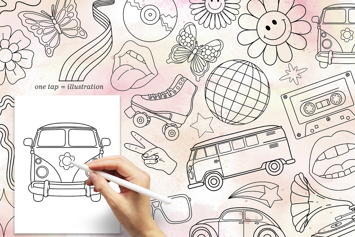 50 Retro Groovy Procreate stamps, a Brush Add-On by SecondOfJuly (Photo 2 of 6)