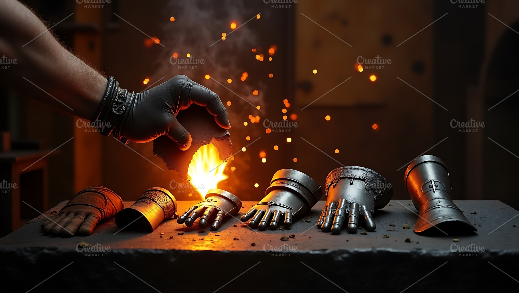 Blacksmith forging metal gauntlets, a Sports & Recreation Photo by Artonix