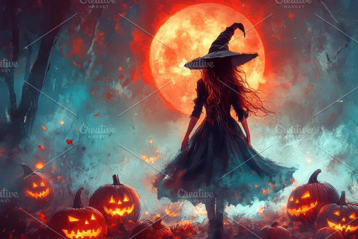 Halloween witch among pumpkins, a Seasonal Illustration by Mashimara