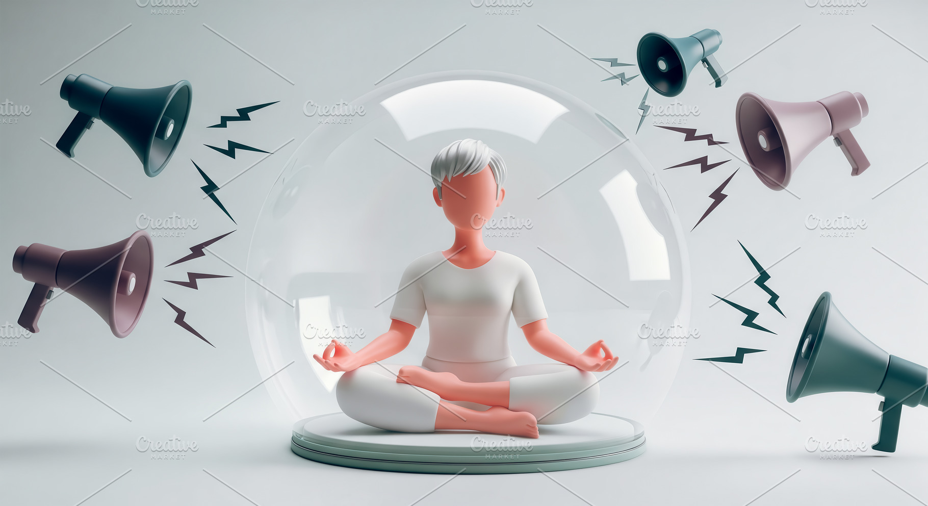 A 3D person meditating in a bubble i, a Health & Medical Photo by angellodeco