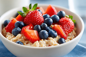 Tasty oatmeal with fresh berries for breakfast, a Food & Drink Photo by AlyaAnd
