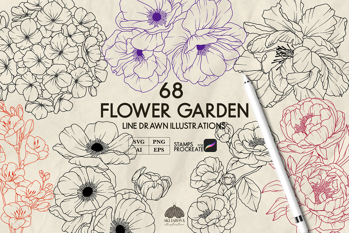 Flower Garden Line Art + Procreate, a Decorative Illustration by Skliarova (Photo 1 of 5)