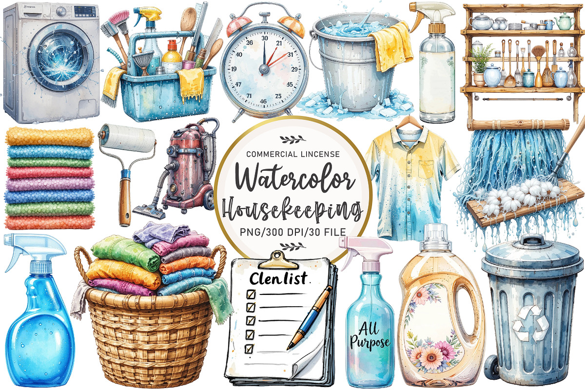 Watercolor Housekeeping Clipart, an Illustration by OK Design (Photo 1 of 5)