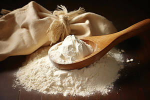 Flour in wooden spoon on table, a Food & Drink Photo by AlyaAnd