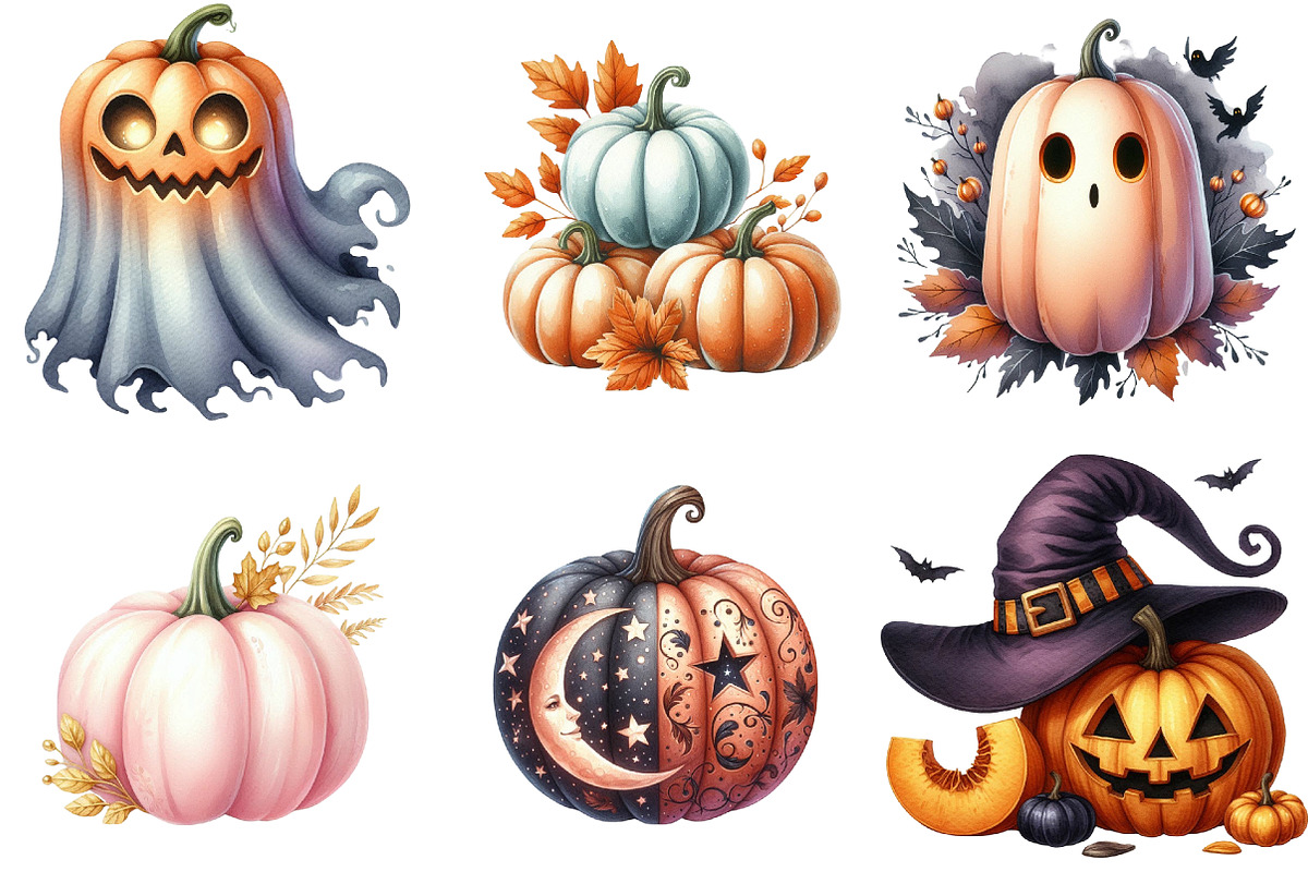 Fall Halloween Pumpkins Clipart, an Illustration by Watercolor design (Photo 3 of 4)