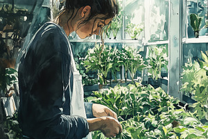 A woman tending to plants in a greenhouse, surrounded by lush greenery and sunl, a Technology Photo by Textures & Backgrounds