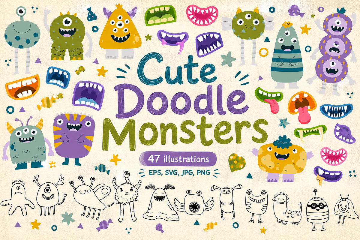 Cute Doodle Monsters, a Seasonal Illustration by Anna Studio (Photo 1 of 11)