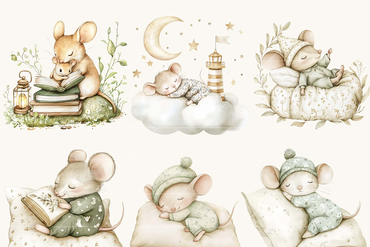 Watercolor Sleeping Mice Clipart, an Animal Illustration by SparkyDesignsUS (Photo 3 of 9)