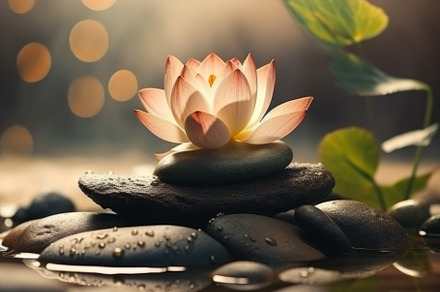 Beautiful lotus flower and stack of stones on water surface, an Abstract Photo by Natalia Klenova's Shop