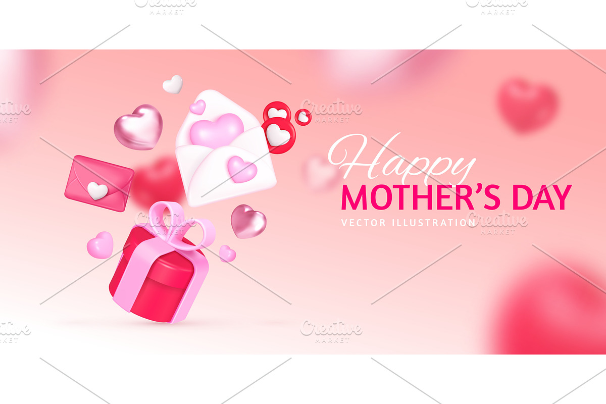 Mothers day banner. 3d hearts gift, an Illustration by Stock-Smart-Start