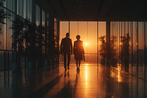 Business silhouettes walking sunset, a Photo by Pixeness Studio