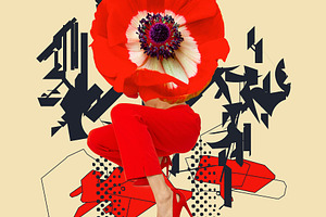 Contemporary digital collage art. Fashion retro poppy Lady. Styl