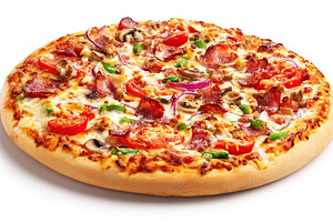 Delicious baked pizza with salami, bacon, mushrooms, onions, bel, a Photo by Studio ANNA