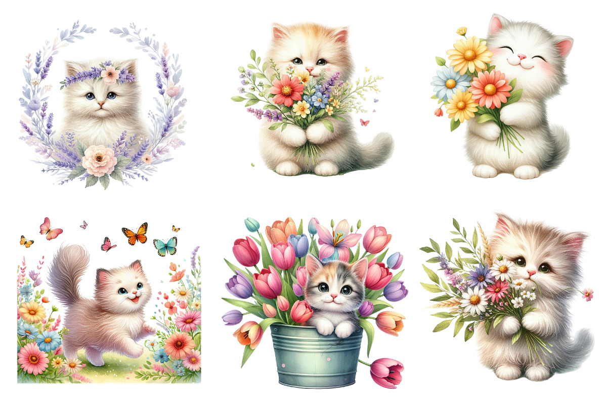Watercolor Spring Cute Cat Clipart, an Illustration by Dream Creation (Photo 6 of 6)