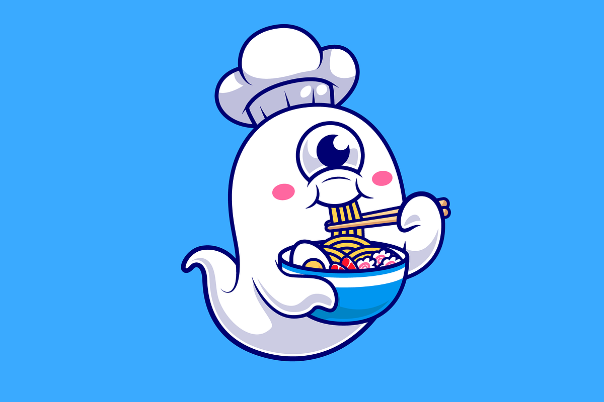 Cute Ghost Chef Eating Ramen Noodle, a Food Illustration by Catalyst Labs