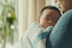 Newborn asian baby sleeping in mothers arms, intimate family mom, a Photo by Dvoevnore photos