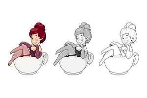 Beautiful Girl Sit In Cup. Cartoon