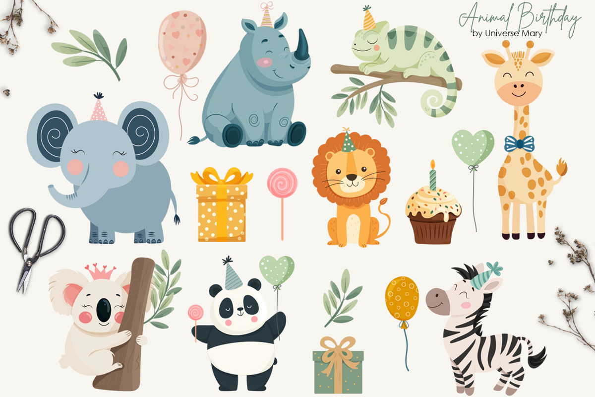 Cute Animal Birthday Vector Set, an Animal Illustration by Universe Mary (Photo 4 of 8)