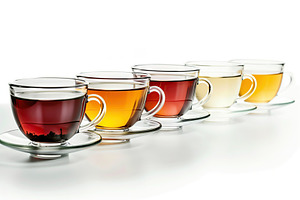 Different cups of aromatic tea on white background, a Food & Drink Photo by AlyaAnd