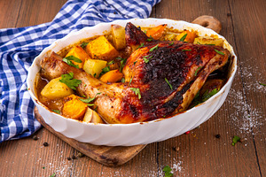 Roasted baked chicken quarter with pumpkin and potato stew, a Food & Drink Photo by Rimma