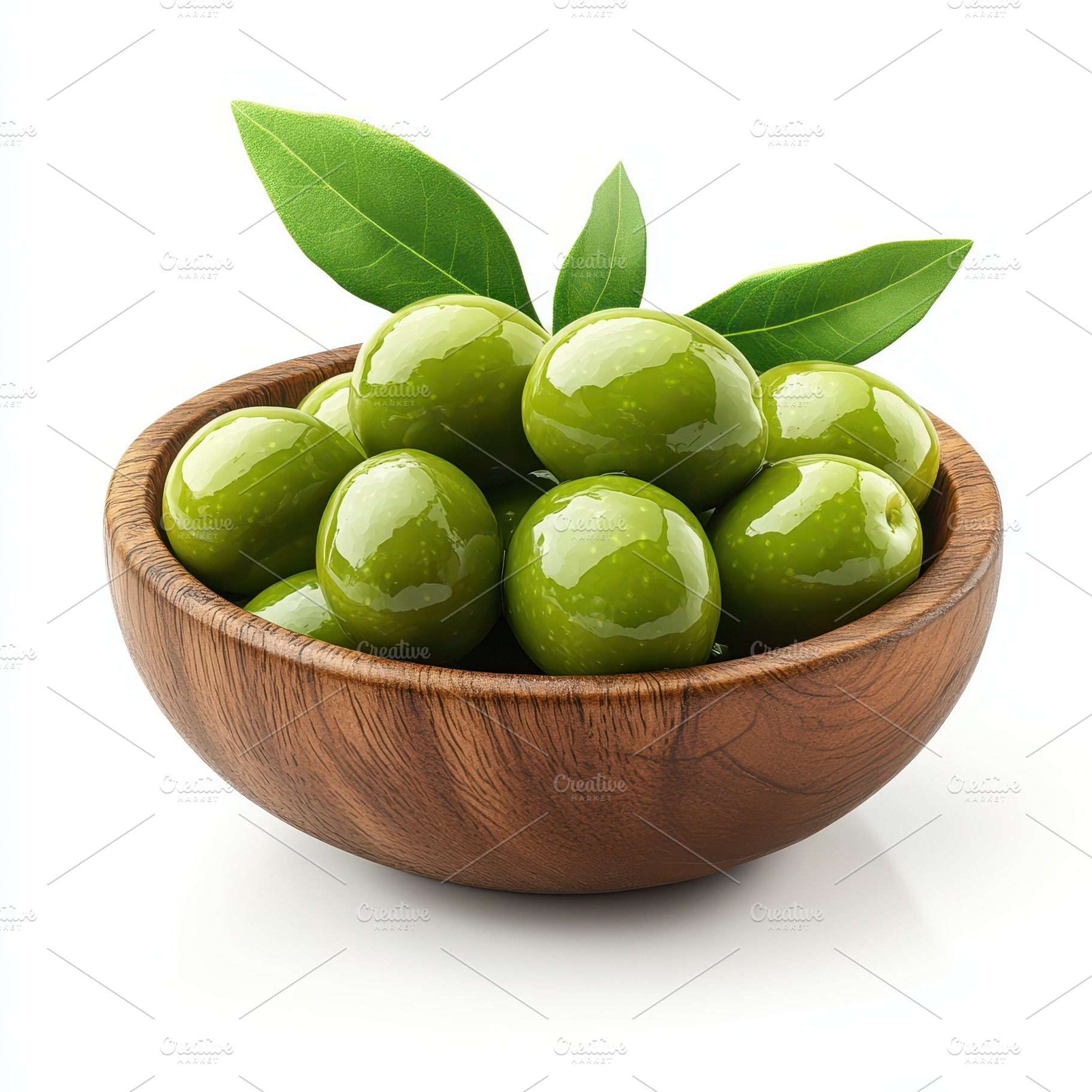Green olives in a wooden bowl with l, a Food & Drink Photo by Pixeness Studio
