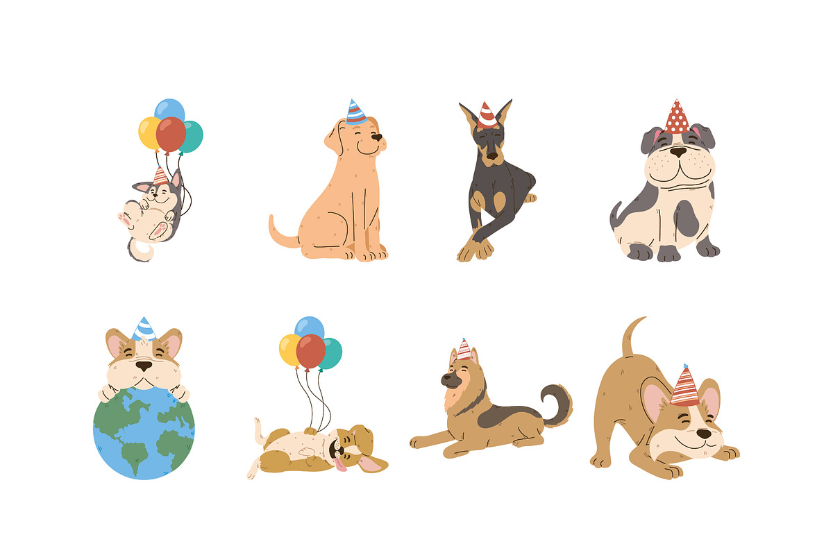 Cute Birthday Dogs Illustration Set