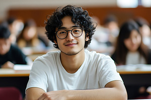 Student listens to a lecture in large auditorium, a Photo by AlyaAnd