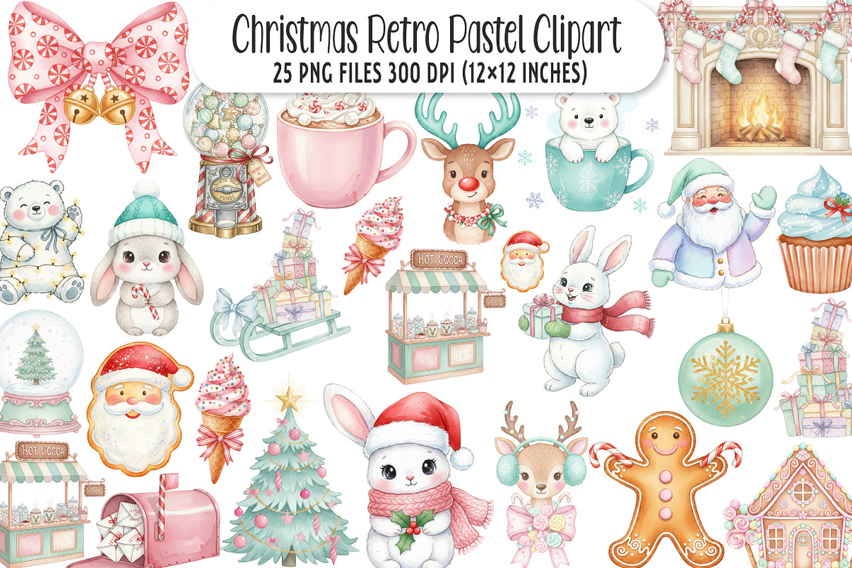 Retro Pastel Christmas Clipart PNG, an Illustration by SinaCreation (Photo 1 of 7)
