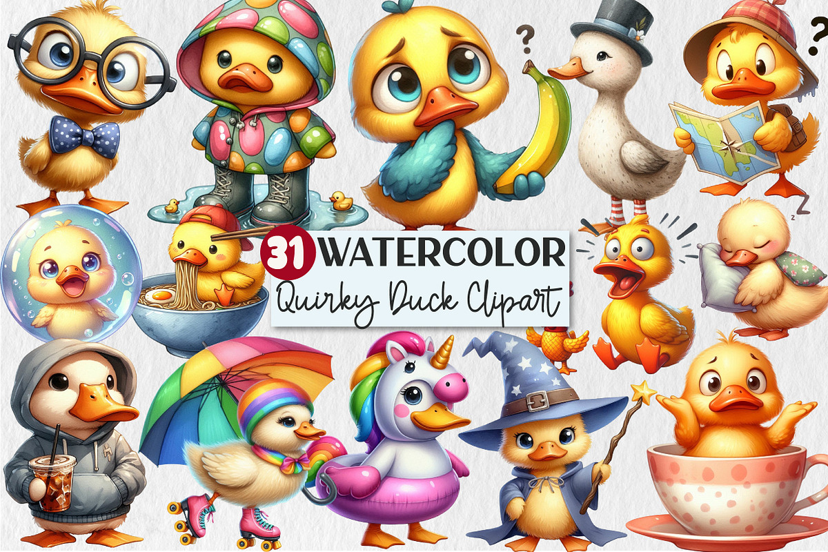 Watercolor Quirky Duck Clipart, an Animal Illustration by Rose Art (Photo 1 of 5)