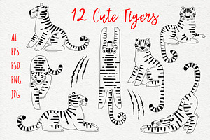 12 Cute Tigers - Clip Art & Pattern