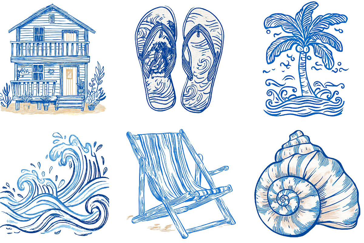 Summer Coastal Hand Drawn Line Art, an Illustration by Designking (Photo 2 of 5)